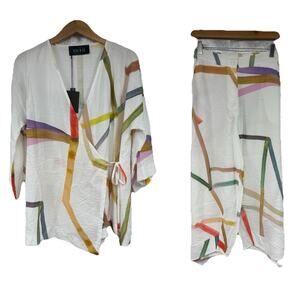 Ozai N Ku Art To Wear Lagenlook Colorful Loose Fit Set Wrap Top Pants Women’s S